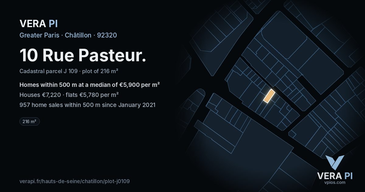 10 Rue Pasteur, Châtillon at night – the plot lit, the parcels around coloured by the prices near them