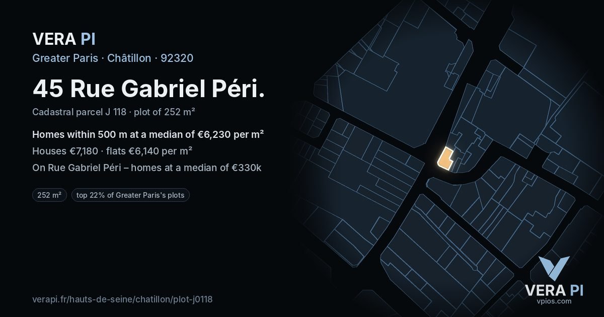 45 Rue Gabriel Péri, Châtillon at night – the plot lit, the parcels around coloured by the prices near them