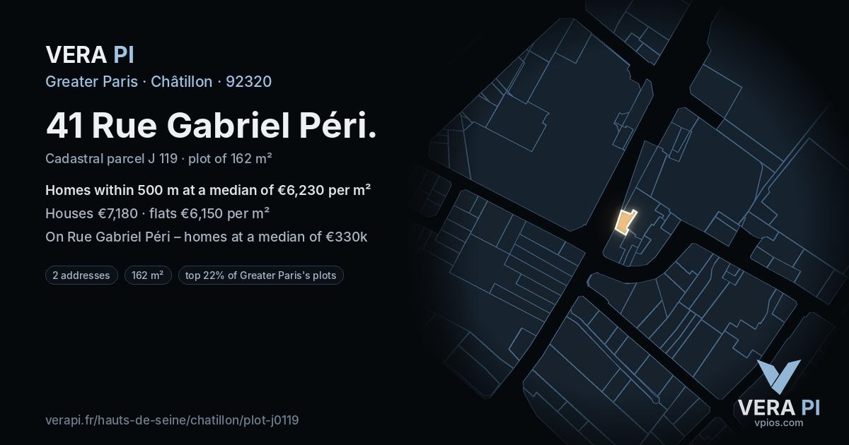 41 Rue Gabriel Péri, Châtillon at night – the plot lit, the parcels around coloured by the prices near them