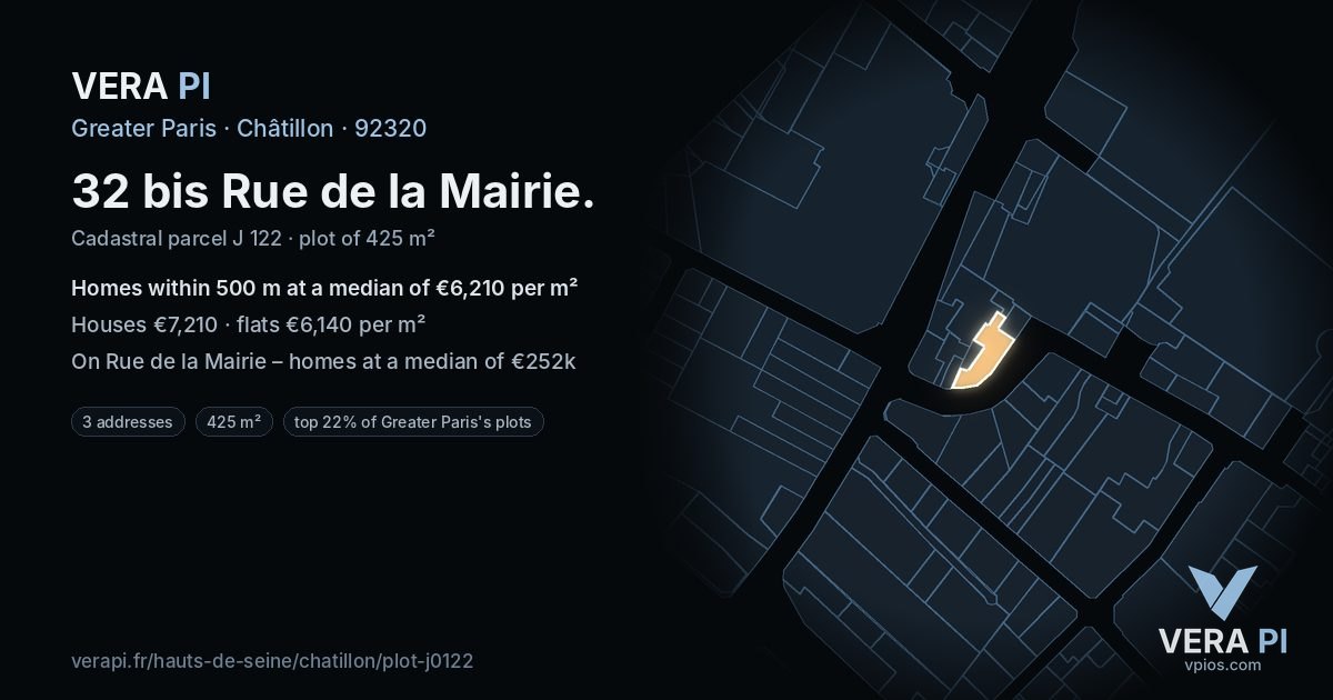 32 bis Rue de la Mairie, Châtillon at night – the plot lit, the parcels around coloured by the prices near them