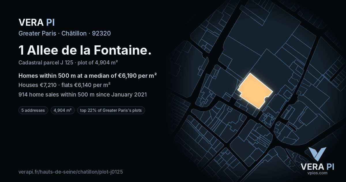 1 Allee de la Fontaine, Châtillon at night – the plot lit, the parcels around coloured by the prices near them