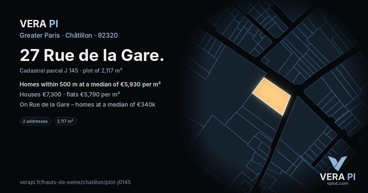 27 Rue de la Gare, Châtillon at night – the plot lit, the parcels around coloured by the prices near them