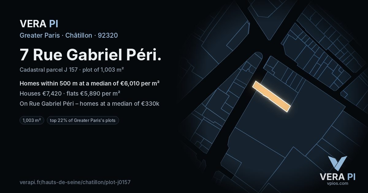 7 Rue Gabriel Péri, Châtillon at night – the plot lit, the parcels around coloured by the prices near them