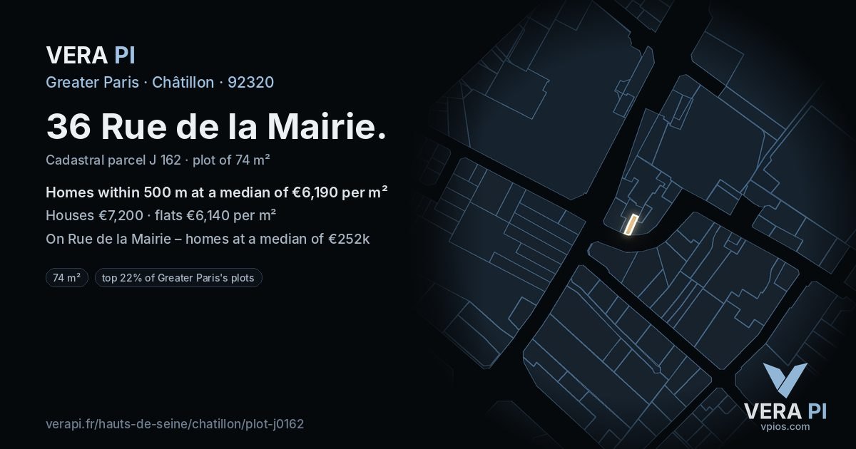 36 Rue de la Mairie, Châtillon at night – the plot lit, the parcels around coloured by the prices near them