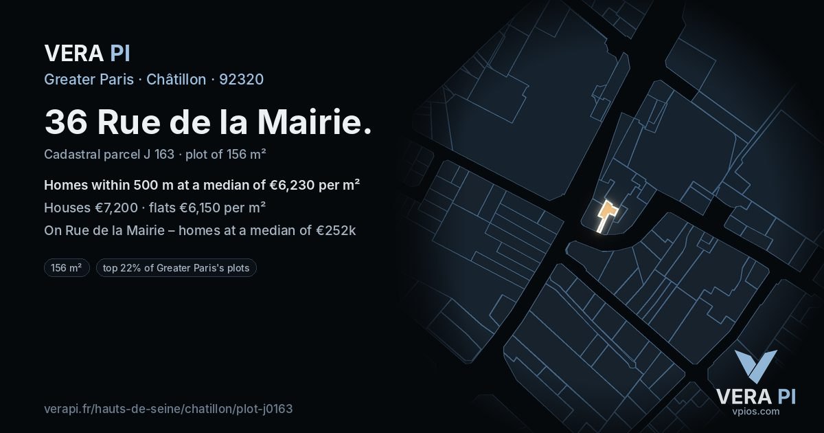36 Rue de la Mairie, Châtillon at night – the plot lit, the parcels around coloured by the prices near them