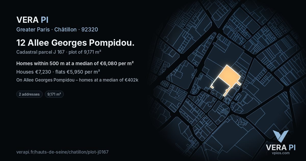 12 Allee Georges Pompidou, Châtillon at night – the plot lit, the parcels around coloured by the prices near them