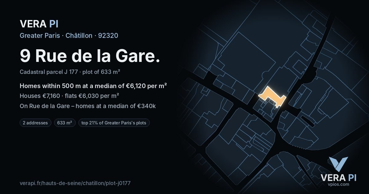 9 Rue de la Gare, Châtillon at night – the plot lit, the parcels around coloured by the prices near them