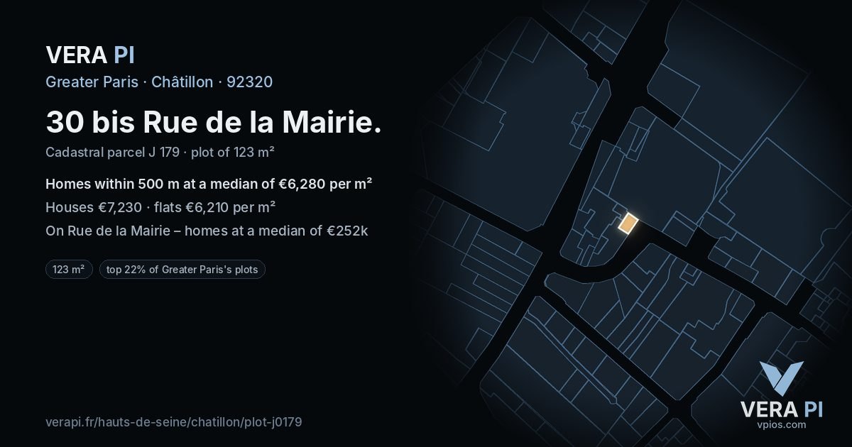 30 bis Rue de la Mairie, Châtillon at night – the plot lit, the parcels around coloured by the prices near them