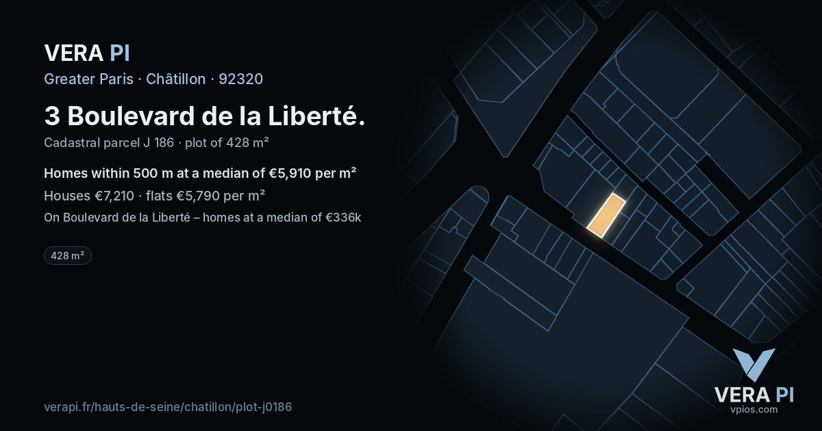 3 Boulevard de la Liberté, Châtillon at night – the plot lit, the parcels around coloured by the prices near them