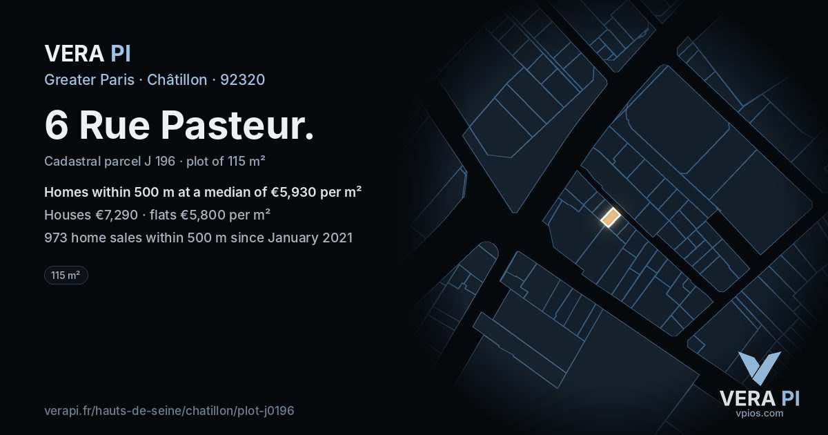 6 Rue Pasteur, Châtillon at night – the plot lit, the parcels around coloured by the prices near them