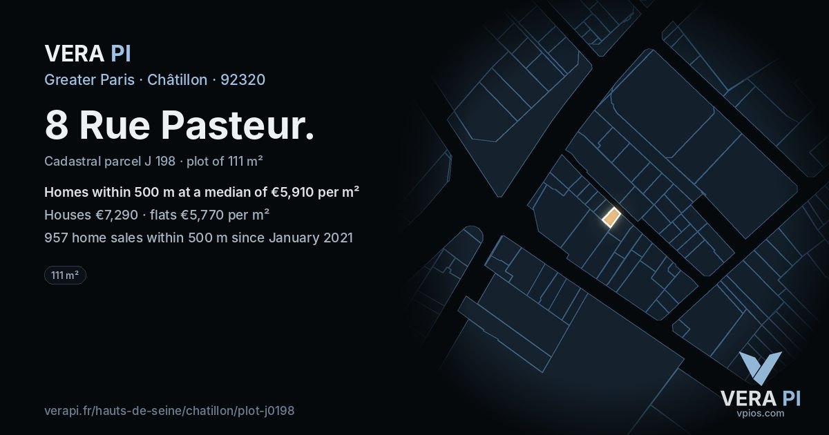 8 Rue Pasteur, Châtillon at night – the plot lit, the parcels around coloured by the prices near them