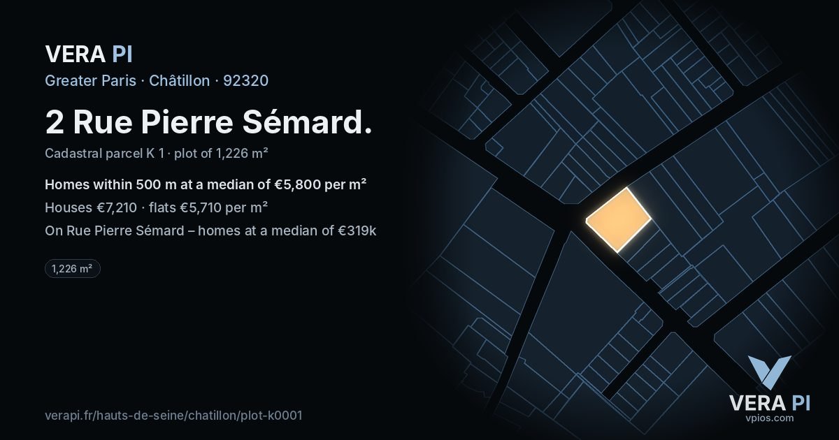 2 Rue Pierre Sémard, Châtillon at night – the plot lit, the parcels around coloured by the prices near them