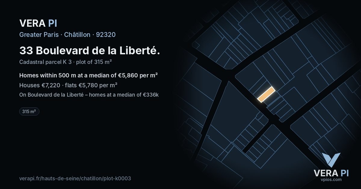 33 Boulevard de la Liberté, Châtillon at night – the plot lit, the parcels around coloured by the prices near them