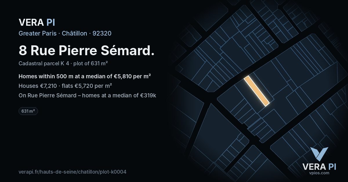 8 Rue Pierre Sémard, Châtillon at night – the plot lit, the parcels around coloured by the prices near them