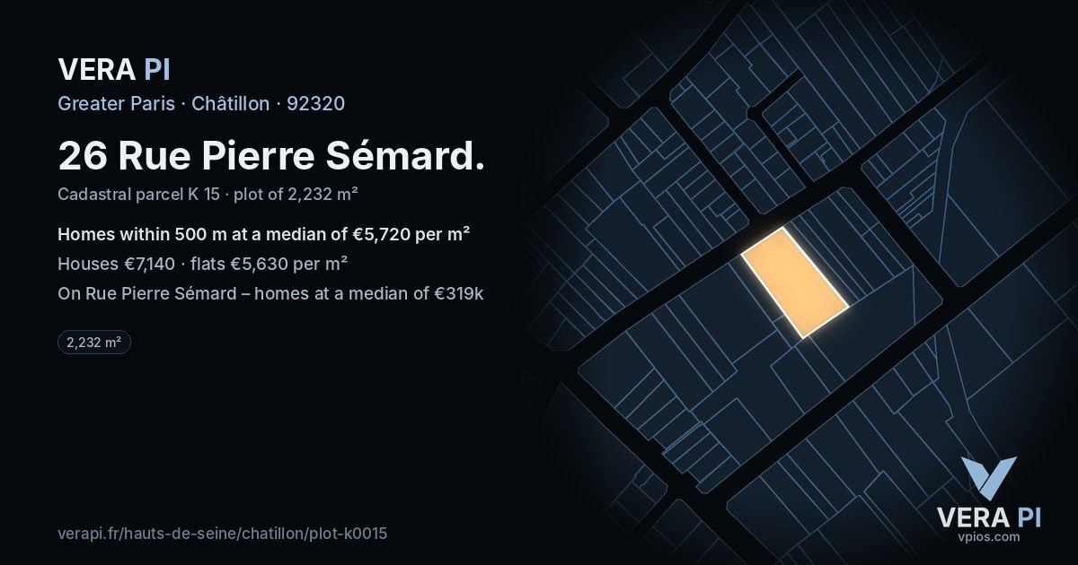 26 Rue Pierre Sémard, Châtillon at night – the plot lit, the parcels around coloured by the prices near them