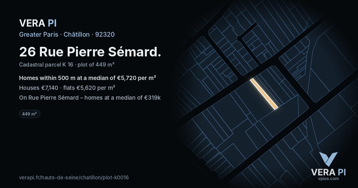 26 Rue Pierre Sémard, Châtillon at night – the plot lit, the parcels around coloured by the prices near them