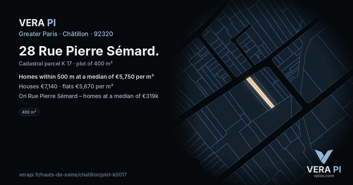 28 Rue Pierre Sémard, Châtillon at night – the plot lit, the parcels around coloured by the prices near them