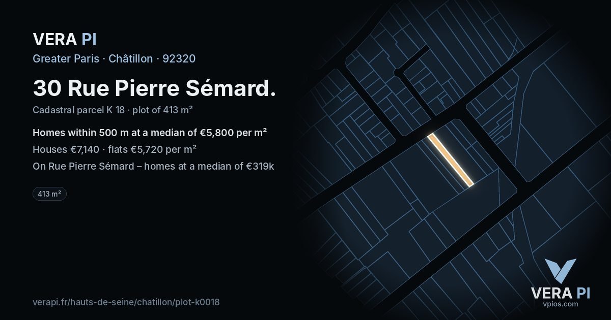 30 Rue Pierre Sémard, Châtillon at night – the plot lit, the parcels around coloured by the prices near them