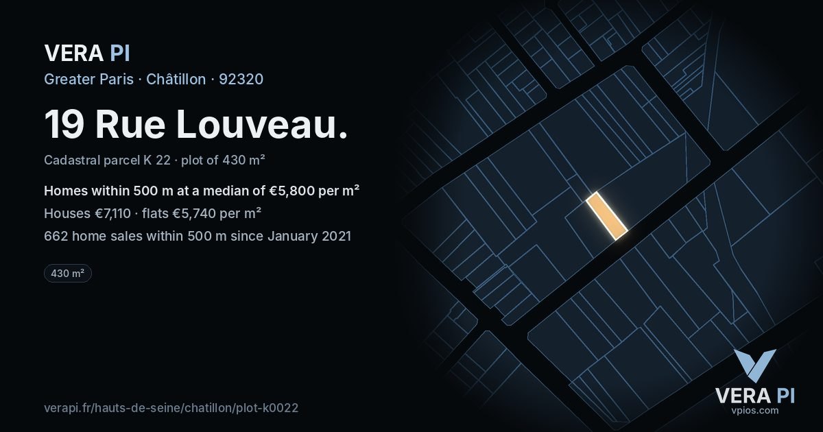 19 Rue Louveau, Châtillon at night – the plot lit, the parcels around coloured by the prices near them
