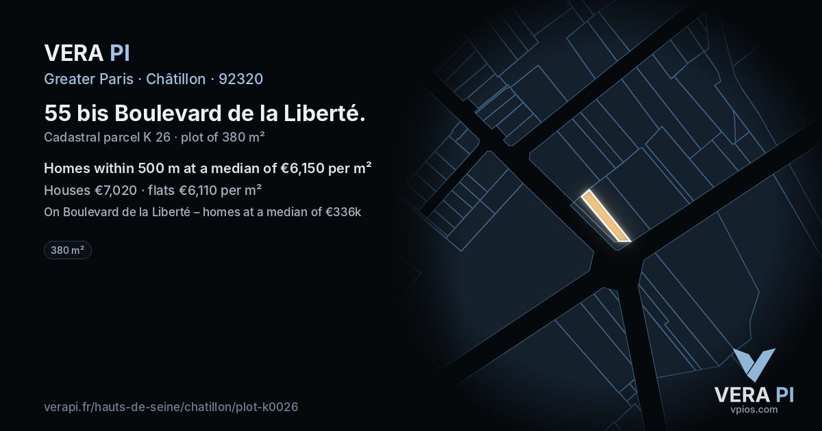 55 bis Boulevard de la Liberté, Châtillon at night – the plot lit, the parcels around coloured by the prices near them