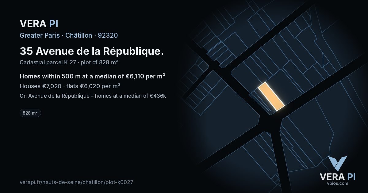 35 Avenue de la République, Châtillon at night – the plot lit, the parcels around coloured by the prices near them