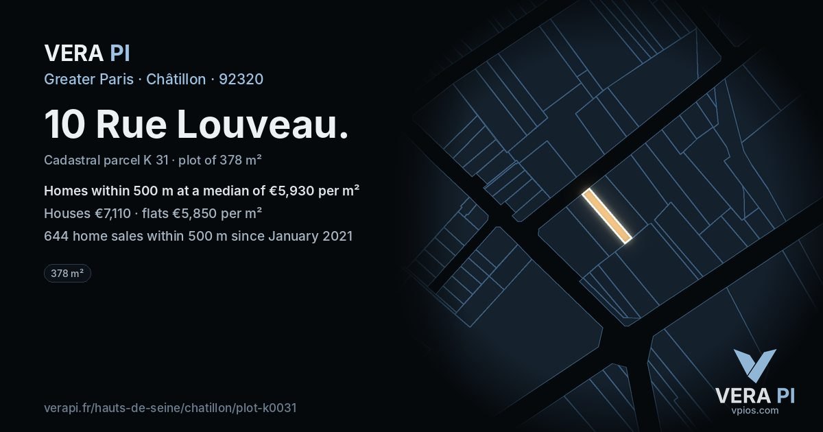 10 Rue Louveau, Châtillon at night – the plot lit, the parcels around coloured by the prices near them
