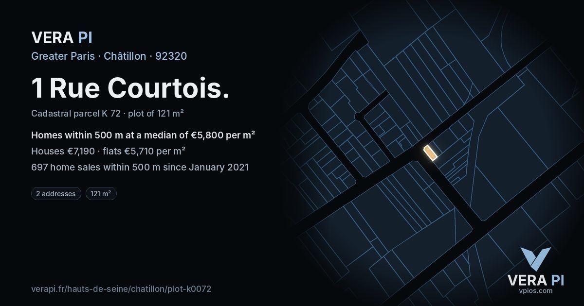1 Rue Courtois, Châtillon at night – the plot lit, the parcels around coloured by the prices near them