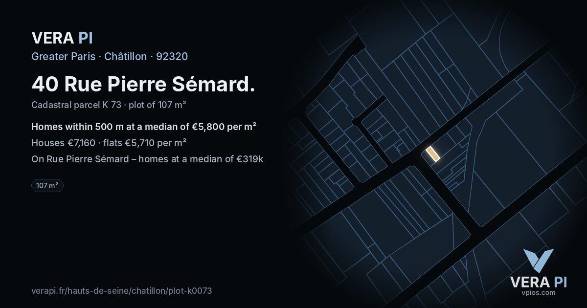 40 Rue Pierre Sémard, Châtillon at night – the plot lit, the parcels around coloured by the prices near them