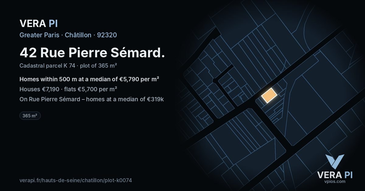 42 Rue Pierre Sémard, Châtillon at night – the plot lit, the parcels around coloured by the prices near them
