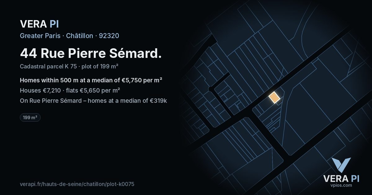 44 Rue Pierre Sémard, Châtillon at night – the plot lit, the parcels around coloured by the prices near them