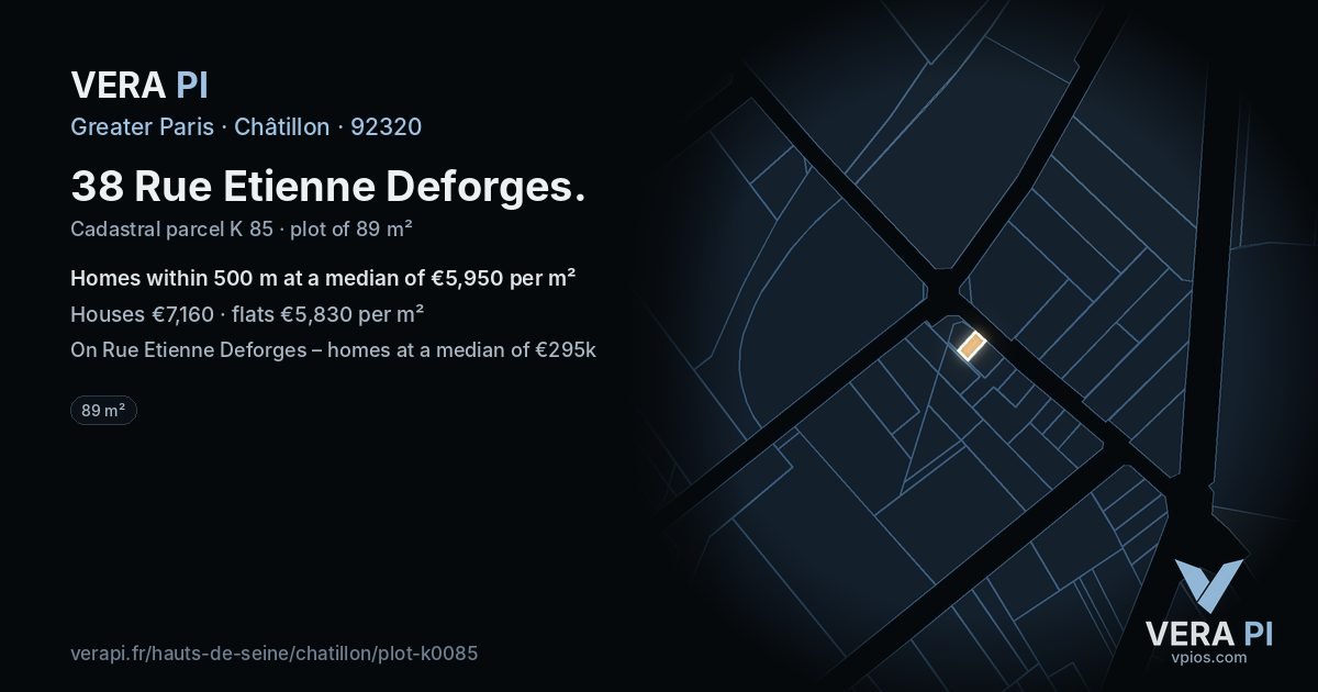 38 Rue Etienne Deforges, Châtillon at night – the plot lit, the parcels around coloured by the prices near them
