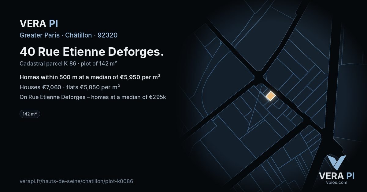 40 Rue Etienne Deforges, Châtillon at night – the plot lit, the parcels around coloured by the prices near them