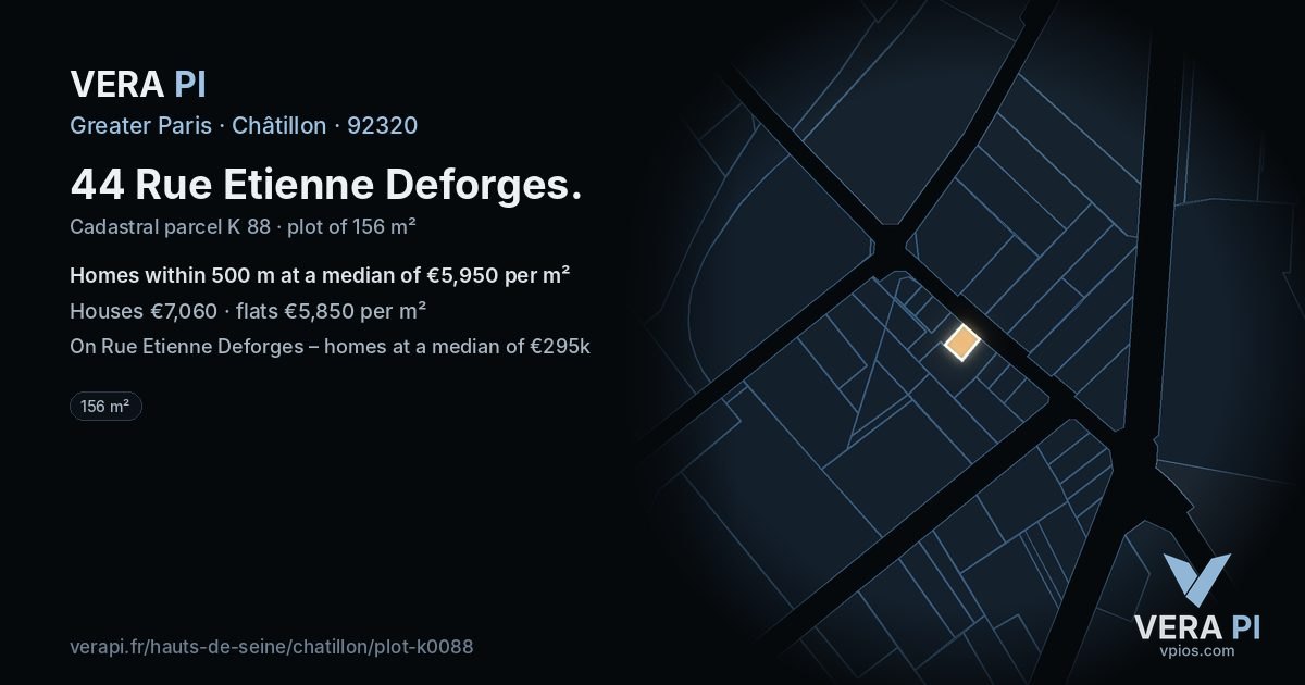 44 Rue Etienne Deforges, Châtillon at night – the plot lit, the parcels around coloured by the prices near them