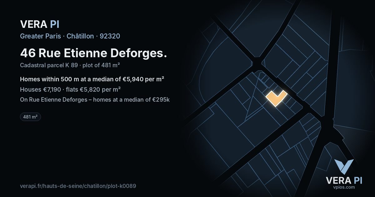 46 Rue Etienne Deforges, Châtillon at night – the plot lit, the parcels around coloured by the prices near them