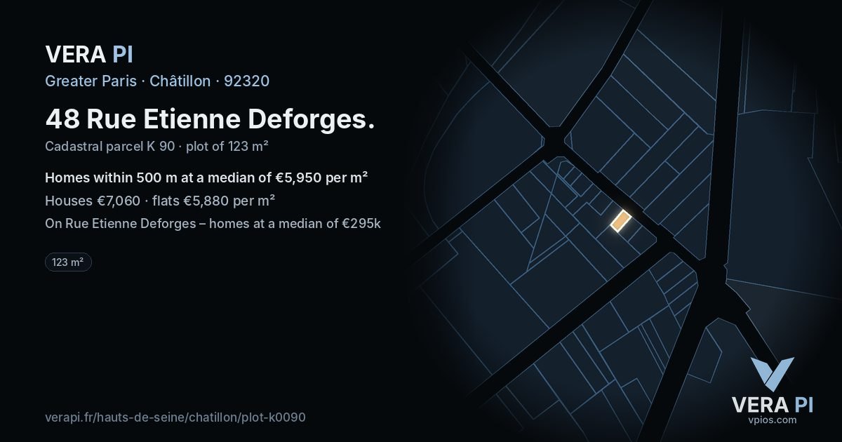 48 Rue Etienne Deforges, Châtillon at night – the plot lit, the parcels around coloured by the prices near them