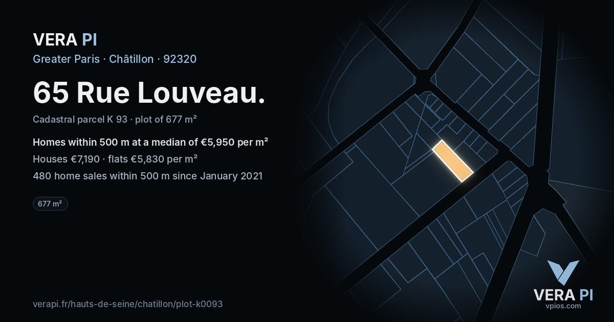 65 Rue Louveau, Châtillon at night – the plot lit, the parcels around coloured by the prices near them