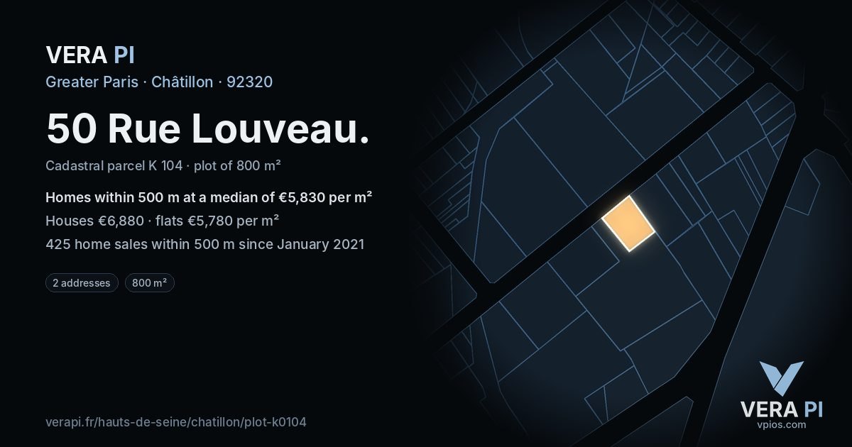 50 Rue Louveau, Châtillon at night – the plot lit, the parcels around coloured by the prices near them