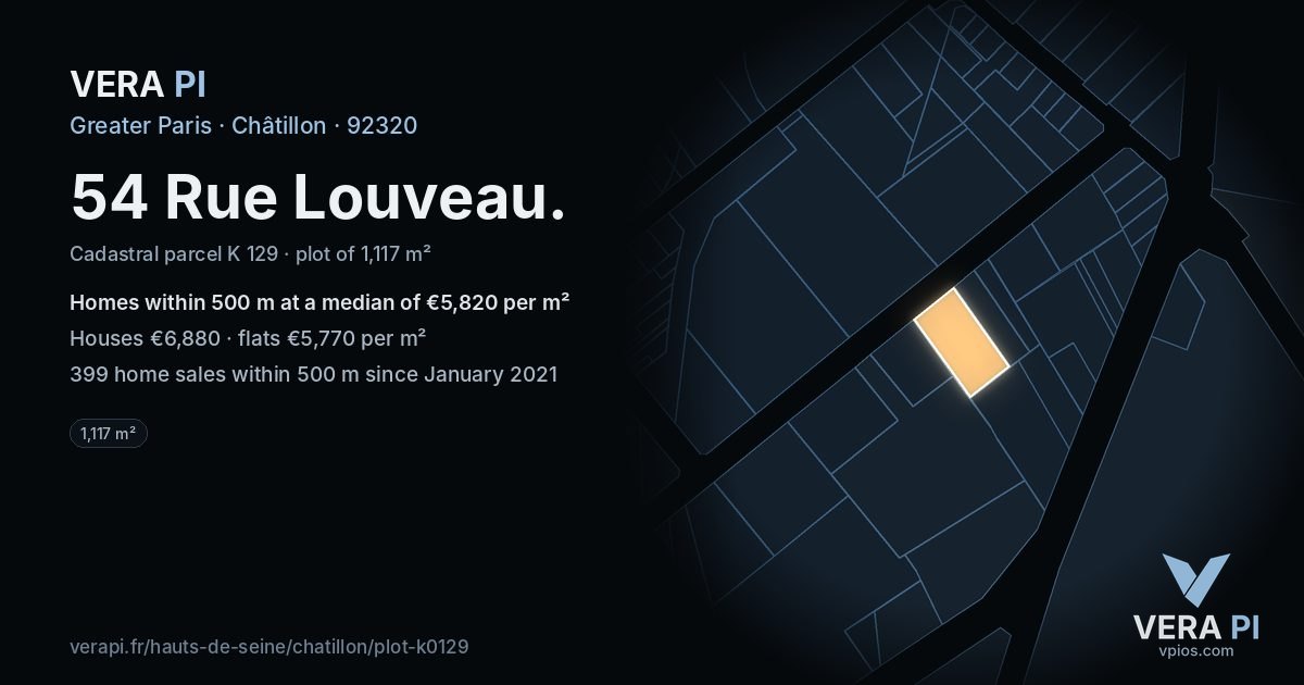 54 Rue Louveau, Châtillon at night – the plot lit, the parcels around coloured by the prices near them