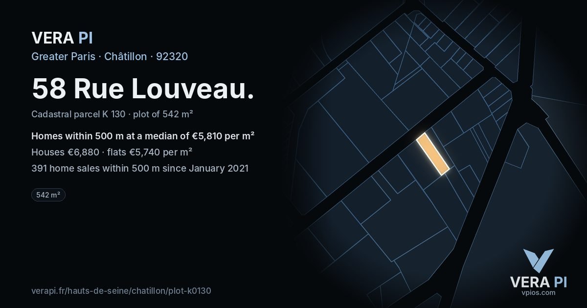 58 Rue Louveau, Châtillon at night – the plot lit, the parcels around coloured by the prices near them