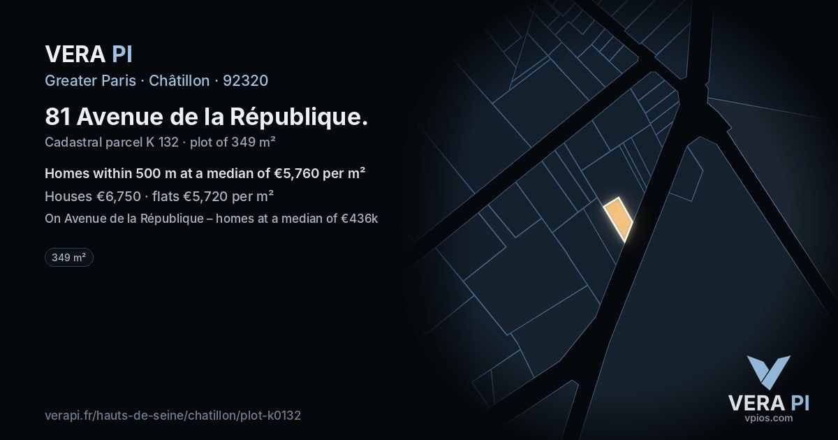 81 Avenue de la République, Châtillon at night – the plot lit, the parcels around coloured by the prices near them
