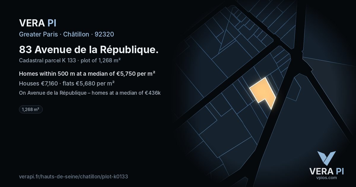 83 Avenue de la République, Châtillon at night – the plot lit, the parcels around coloured by the prices near them