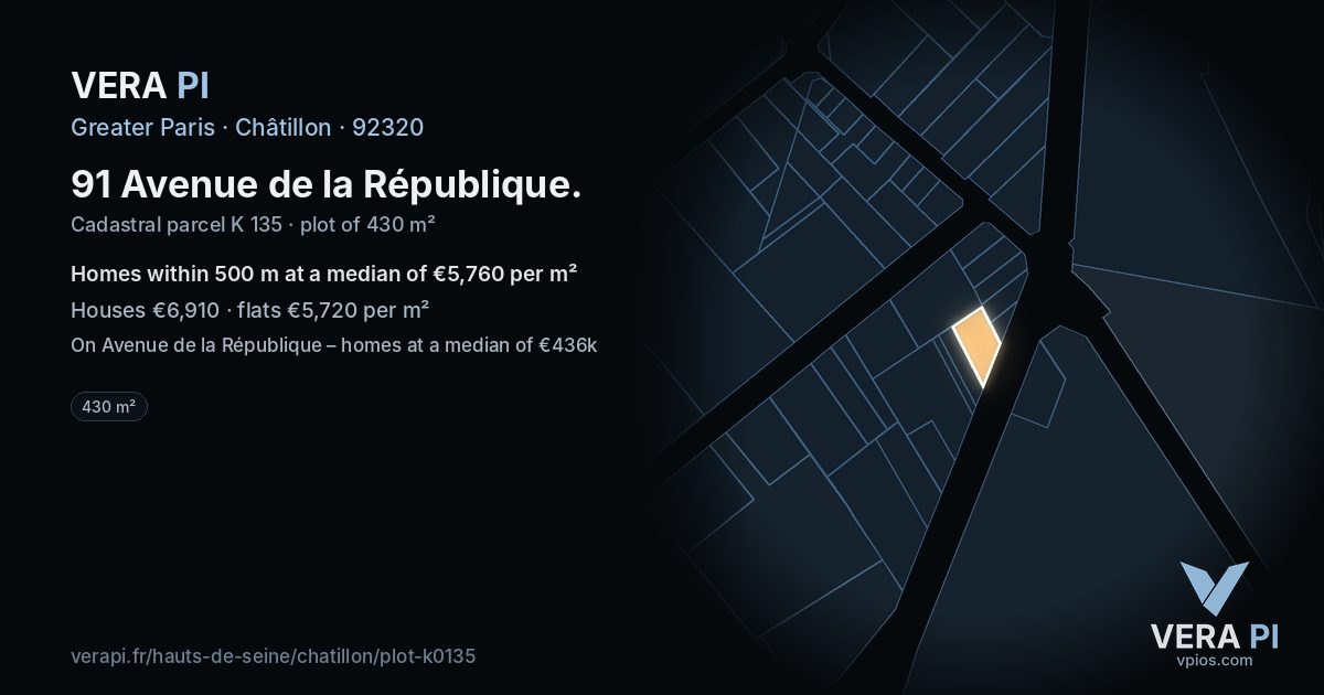 91 Avenue de la République, Châtillon at night – the plot lit, the parcels around coloured by the prices near them