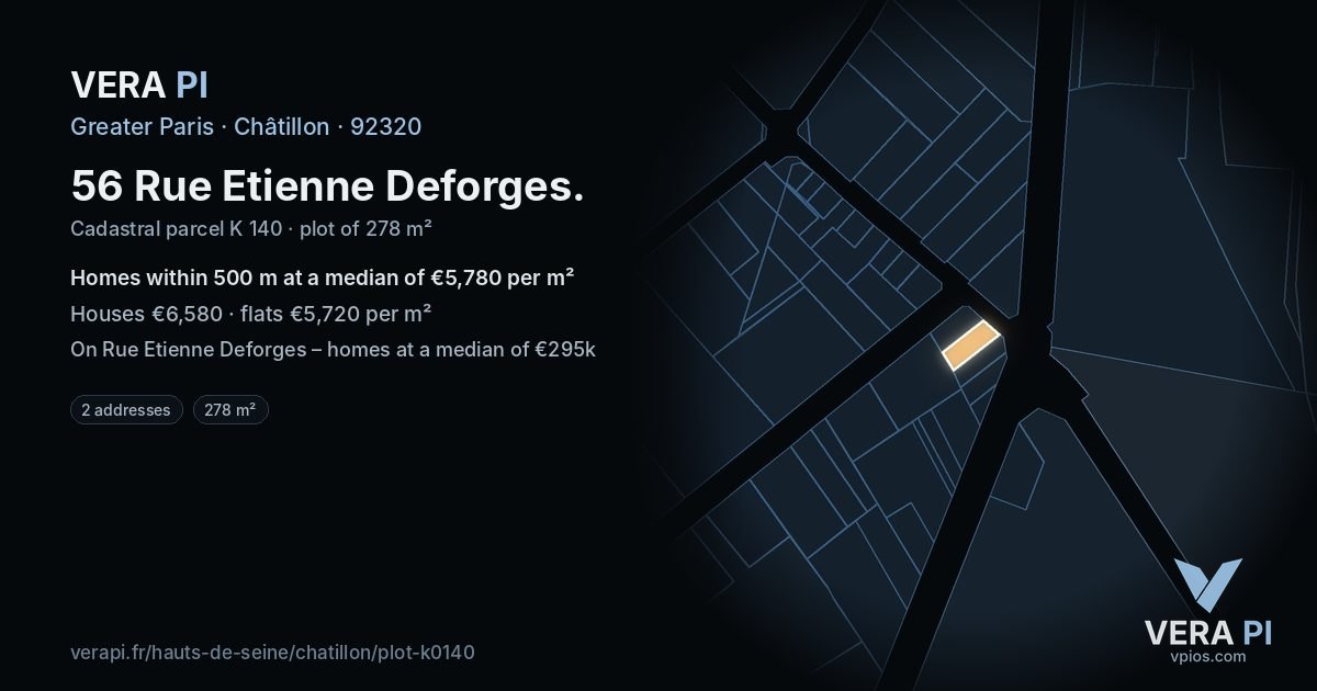 56 Rue Etienne Deforges, Châtillon at night – the plot lit, the parcels around coloured by the prices near them