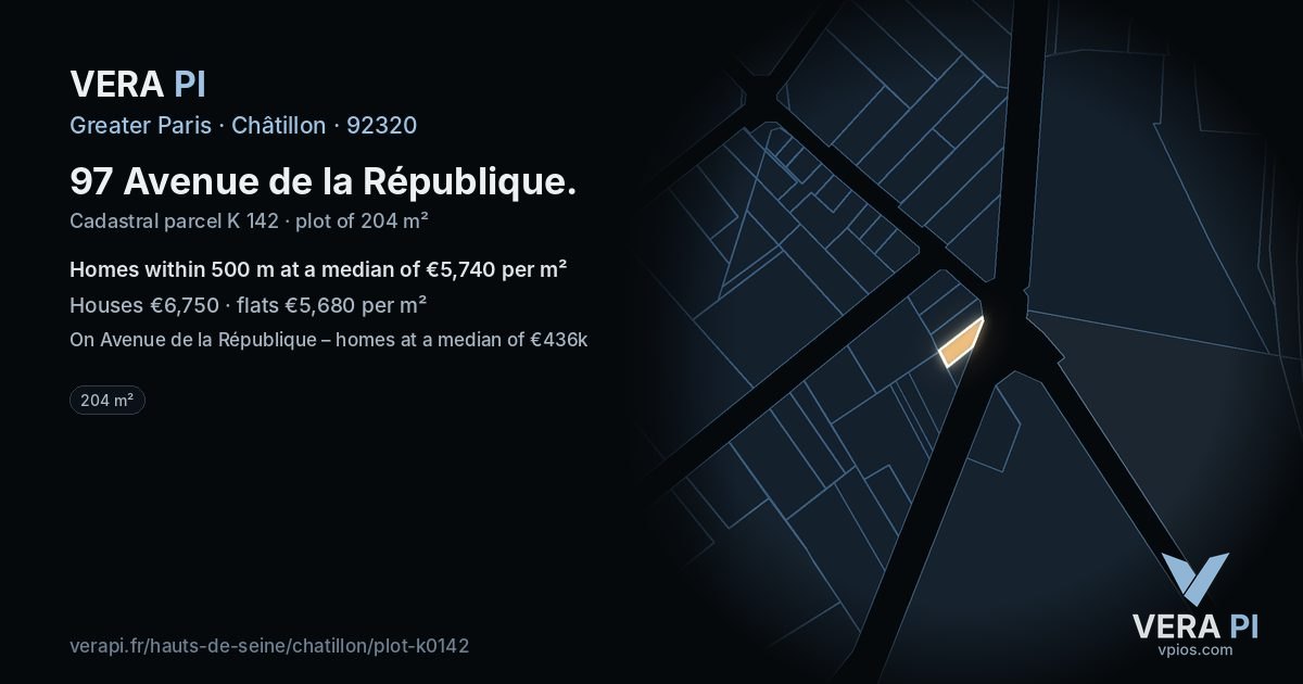 97 Avenue de la République, Châtillon at night – the plot lit, the parcels around coloured by the prices near them