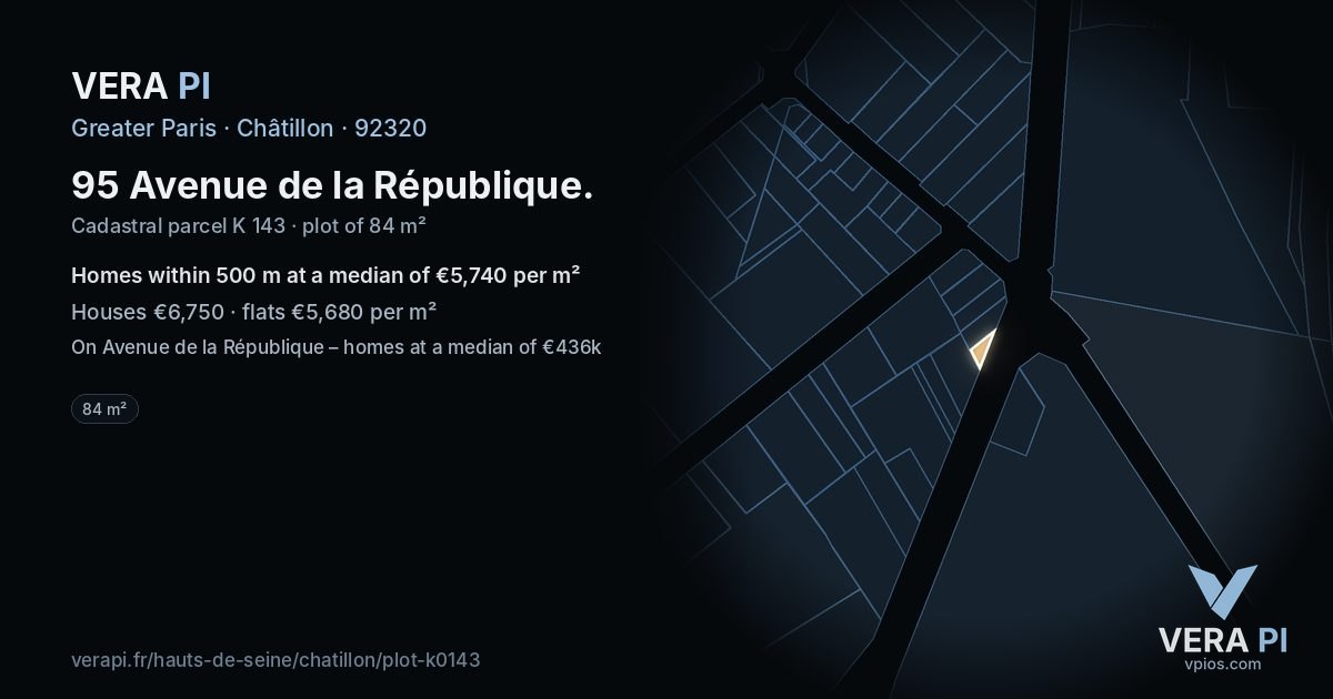 95 Avenue de la République, Châtillon at night – the plot lit, the parcels around coloured by the prices near them
