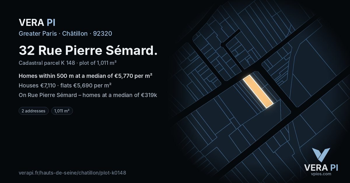 32 Rue Pierre Sémard, Châtillon at night – the plot lit, the parcels around coloured by the prices near them