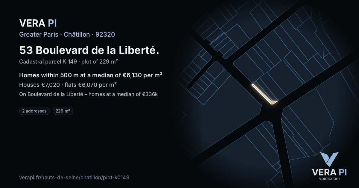 53 Boulevard de la Liberté, Châtillon at night – the plot lit, the parcels around coloured by the prices near them