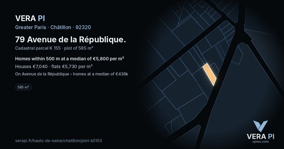 79 Avenue de la République, Châtillon at night – the plot lit, the parcels around coloured by the prices near them