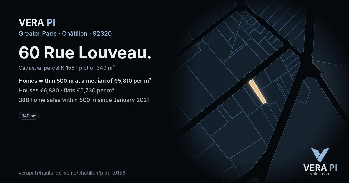 60 Rue Louveau, Châtillon at night – the plot lit, the parcels around coloured by the prices near them
