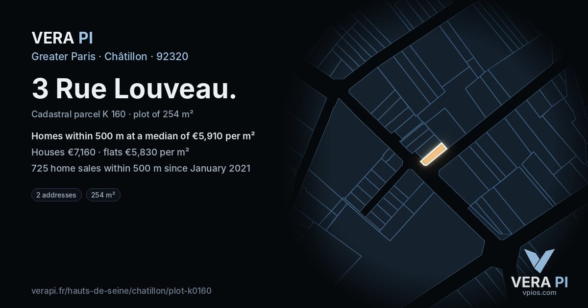 3 Rue Louveau, Châtillon at night – the plot lit, the parcels around coloured by the prices near them